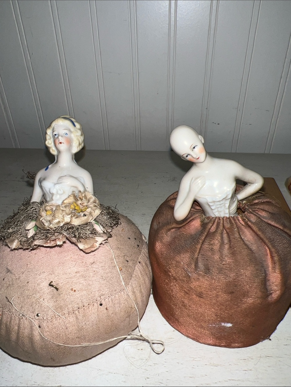 2 Antique Germany Porcelain Half doll pin cushions.